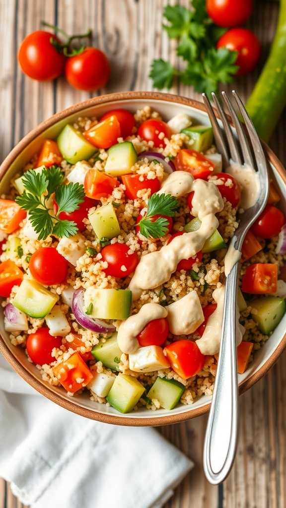 A colorful quinoa salad with vegetables and hummus dressing in a bowl on a wooden table.